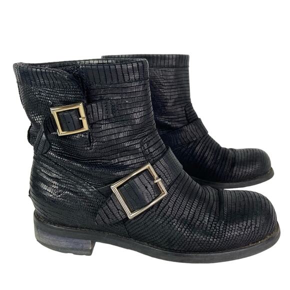 Jimmy Choo Black Biker Boots Moto Combat Buckle Croc Embossed 36.5 $1195 - Picture 1 of 13